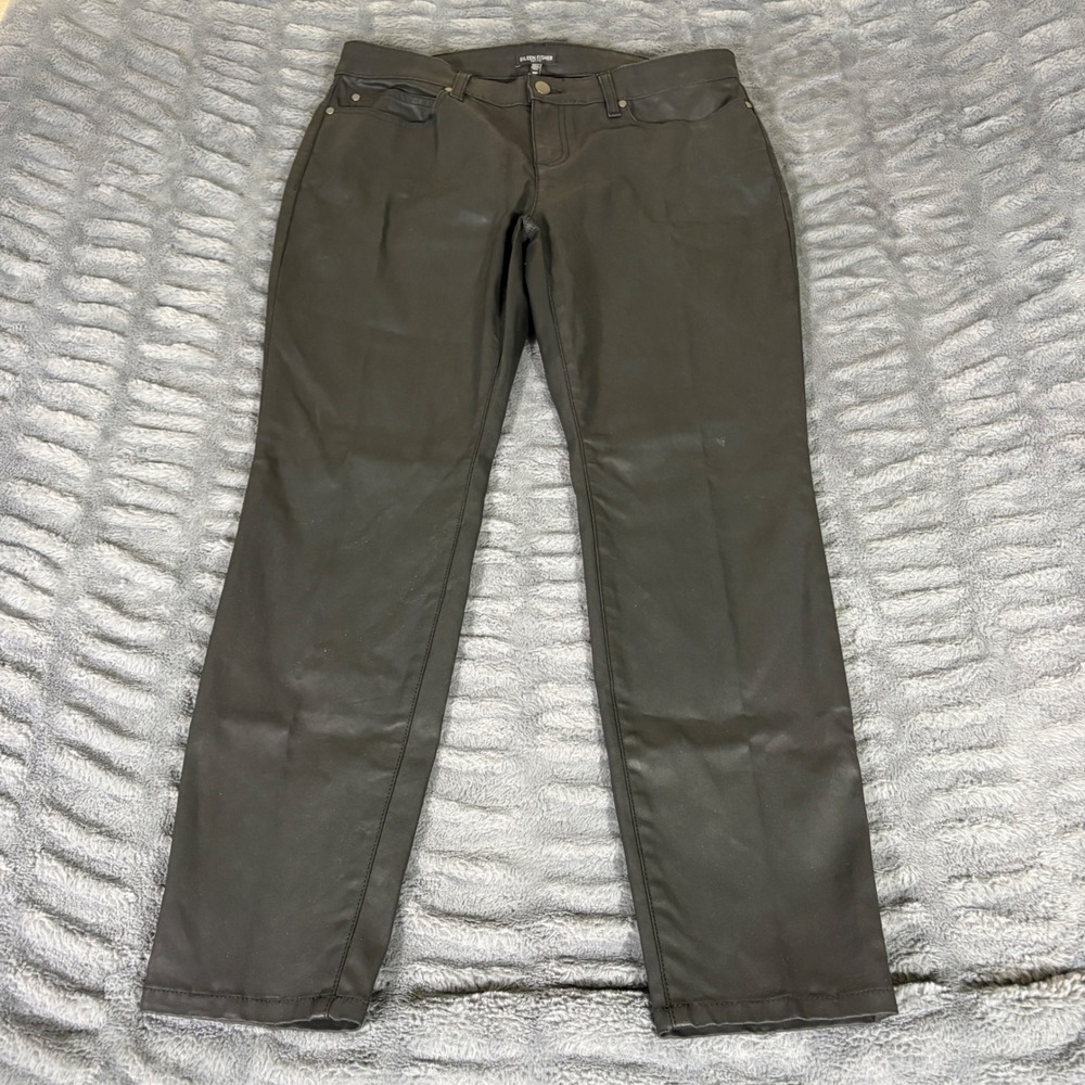 Eileen Fisher Petite 14P Black Coated Organic Cotton Slim Straight Jeans AQ797